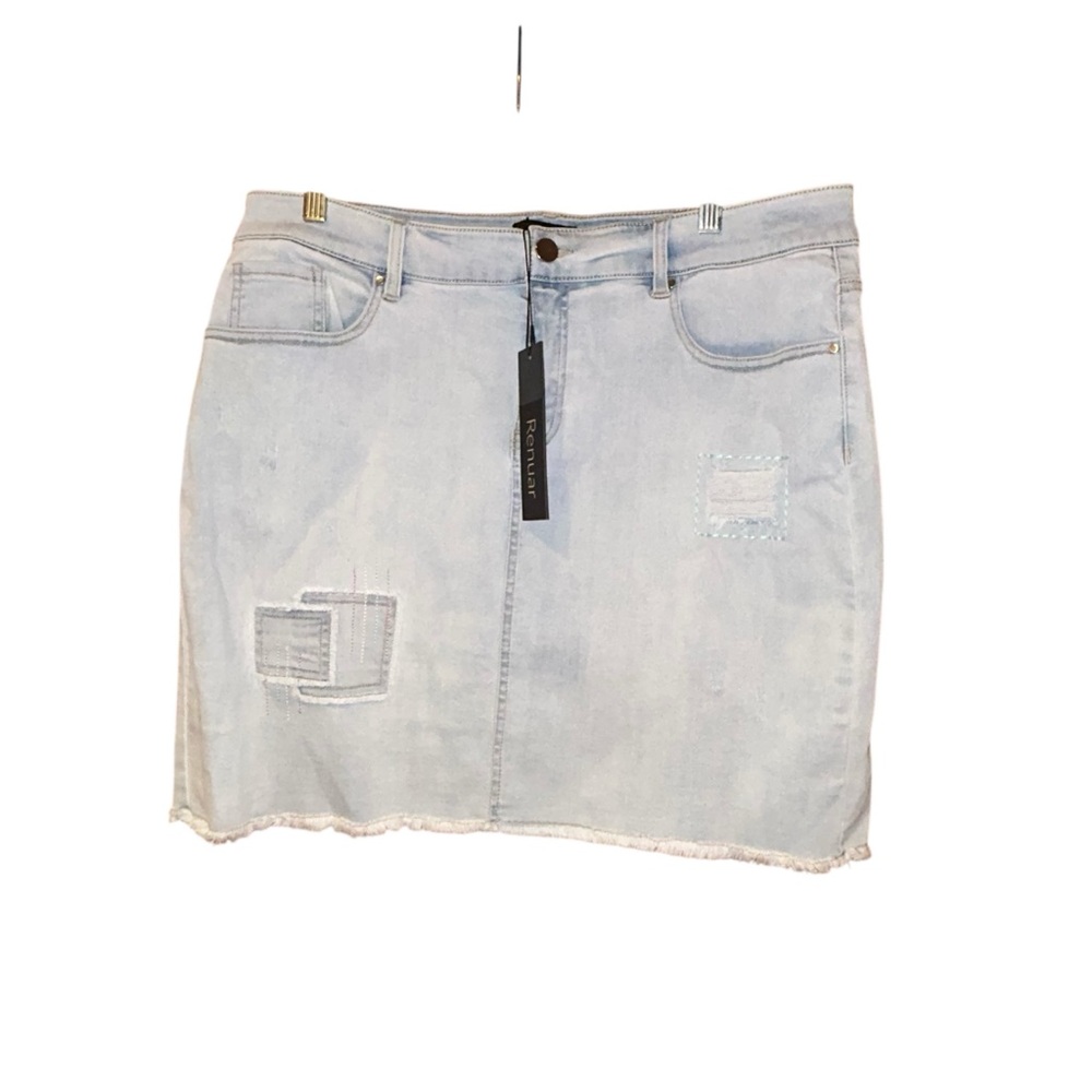 Renuar Denim Jean Skirt Womens Large Patchwork Raw Hem Stretch Light Wash NWT